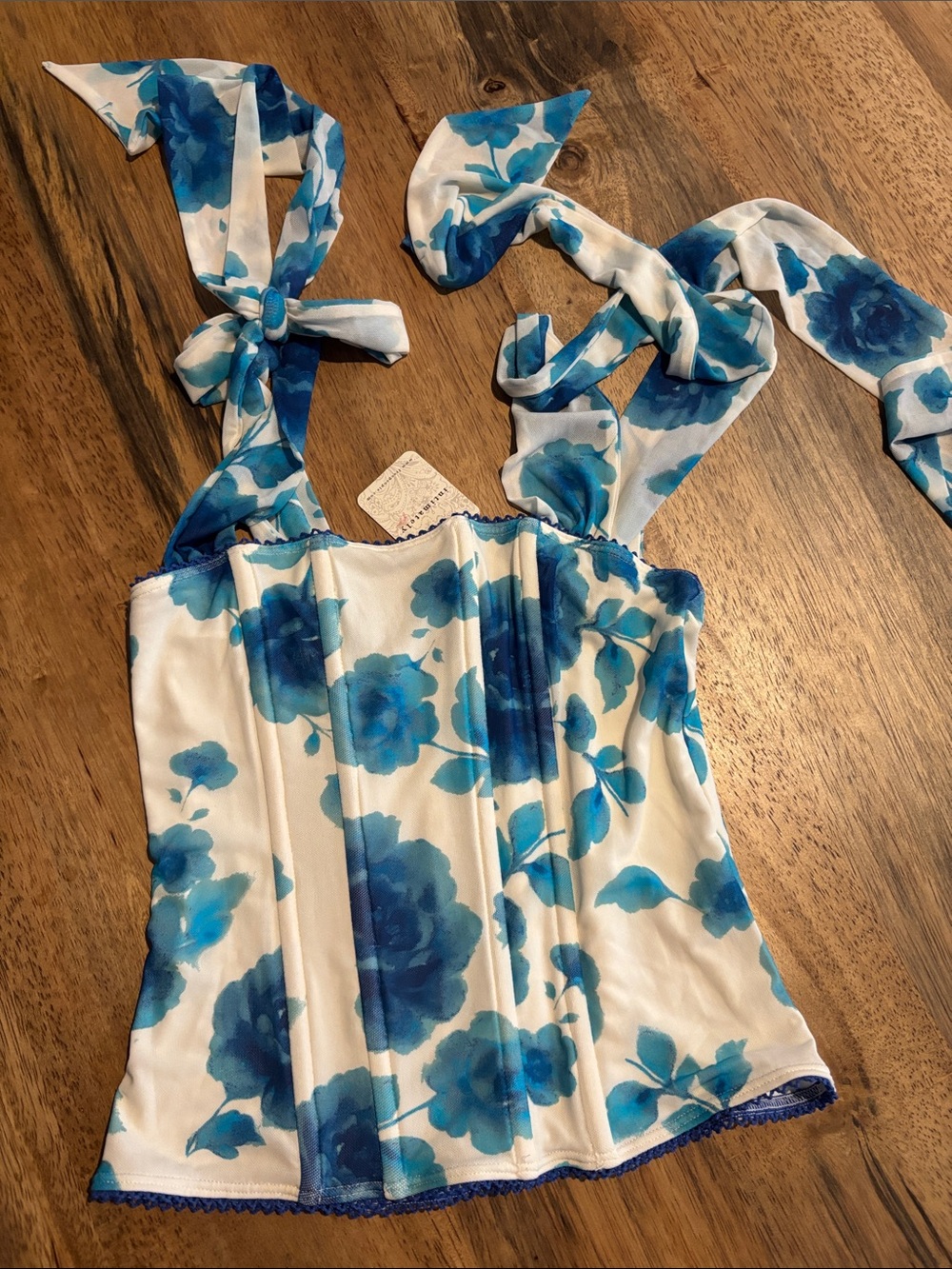Free People White Bustier with Blue Floral Tie-Straps